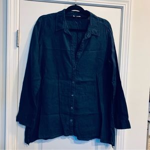 Eileen Fisher Organic Linen Navy Button Down Blouse Top